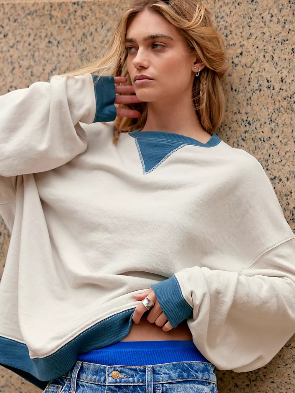 Free People Classic Crew Colorblock Oversized Sweatshirt - Cream & Blue XS